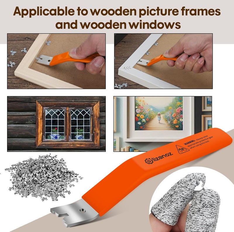 lizenoz Orange color Glazier Point Driver Tool with 200 Glazing Points & 2 Finger Cots - for Framing Glass, Pictures, Cross Stitch - Rust-Resistant Iron/Zinc Push Points, Easy-Grip Handle - Image 5